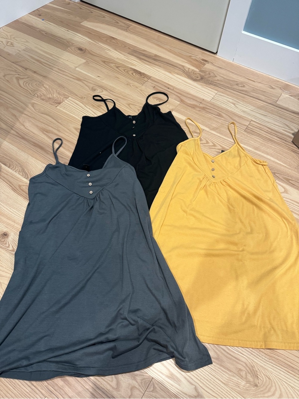 SHEIN 3-Pack V-Neck Button Cami Tanks - Black, Charcoal, Mustard